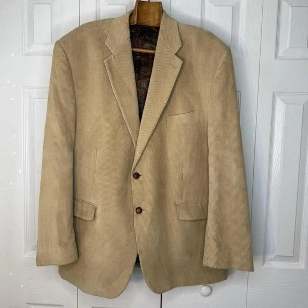 Vtg LRL Ralph Lauren Tan Corduroy 2 Button Blazer Jacket 48R Suede Elbow Patches